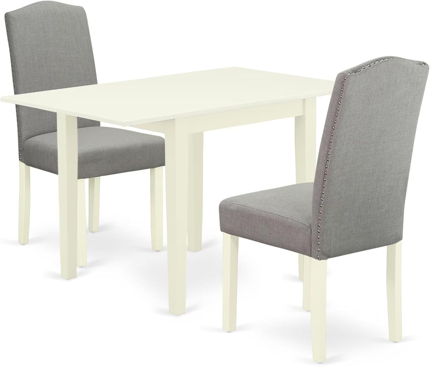 East West Furniture 1NDEN3-LWH-06 3 Piece Dining Table Set Contains a Rectangle Dinner Table with Dropleaf and 2 Dark Shitake Linen Fabric Upholstered Chairs, 30x48 Inch, Linen White