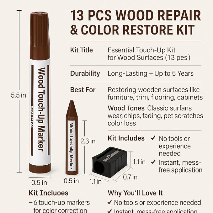 Wood Scratch Repair Kit Markers - 13 Piece Set – Furniture Touch Up Markers and Wax Sticks with Sharpener – for Wood Floor, Table, Cabinet, and Furniture Repair – 6 Colors