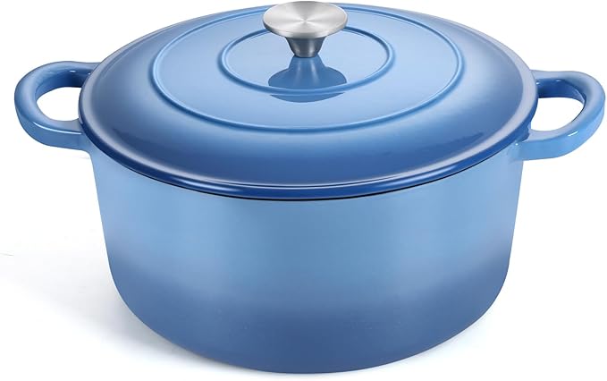 TeamFar 6QT Dutch Oven with Lid, Enameled Nonstick Cast Iron Dutch Oven Cooking Pot for Stewing Baking Braising, Various Stoves & Oven Safe, Toxic Free & Solid, Dual Handles & Easy Cleanup - Blue
