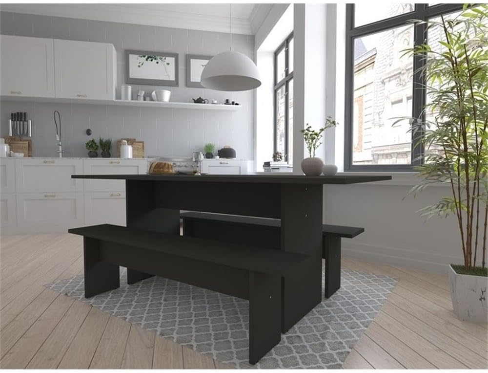 Manhattan Comfort Nomad 3 Piece Dining Set for 6 with Modern Kitchen Table and 2 Benches, Farmhouse Furniture with Rustic Wood Grain Finish, Pedestal Base, Easy Assembly, Grey