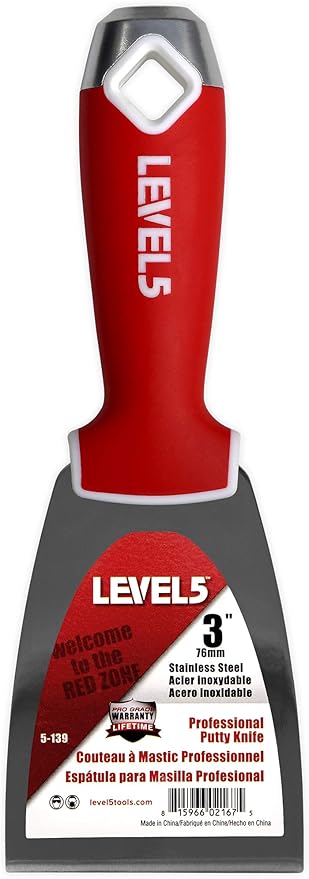 3" Soft-Grip Stainless Steel Drywall Joint Knife - LEVEL5 | Pro-Grade | Comfortable Finishing Hand Tool | Metal Hammer End | Sheetrock Gyprock Plasterboard Mud | 5-139