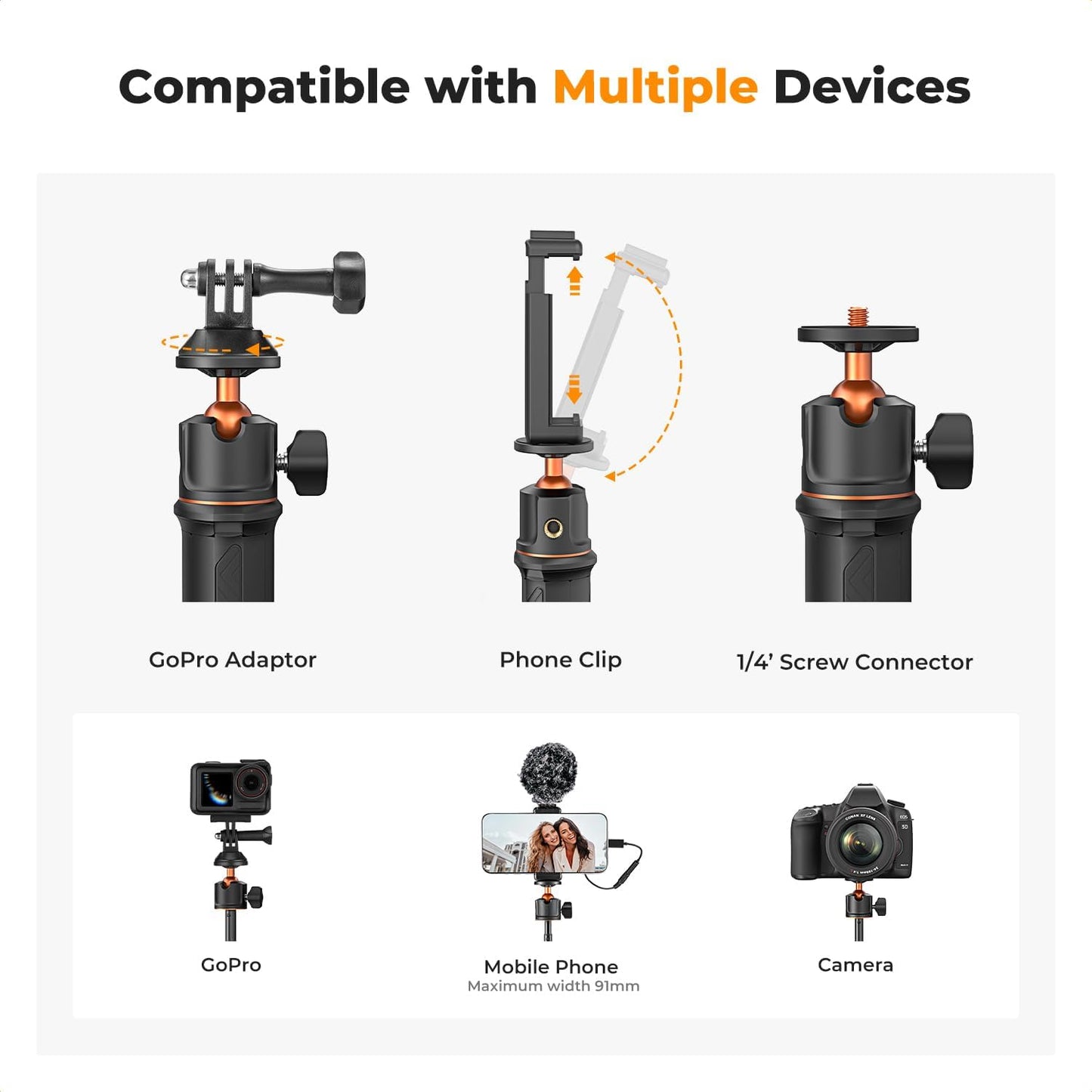 K&F Concept Selfie Stick Tripod, 60cm/23.6" Extendable Ball Head Vlog Selfie Stick Handle for GoPro Hero 13/12/11/10/9/8/7/Max DJI Osmo 360 Pocket 3 Action 5 Pro.