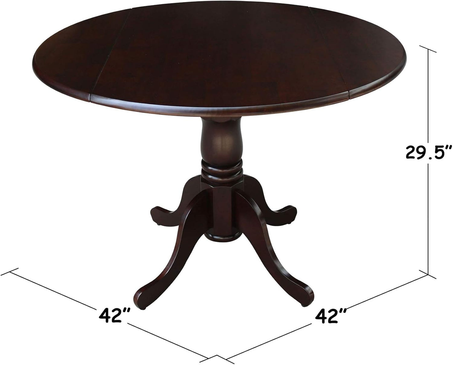 IC International Concepts, 42" Round Dual Drop Leaf Pedestal Dining Table, Solid Real Wood, Sturdy Parawood, Rich Mocha