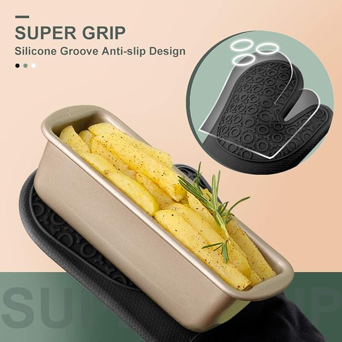 sungwoo Extra Long Silicone Oven Mitts, Heat Resistant Oven Gloves with Quilted Liner Non-Slip Textured Grip Perfect for BBQ, Baking, Cooking and Grilling - 1 Pair 14.6 Inch Black