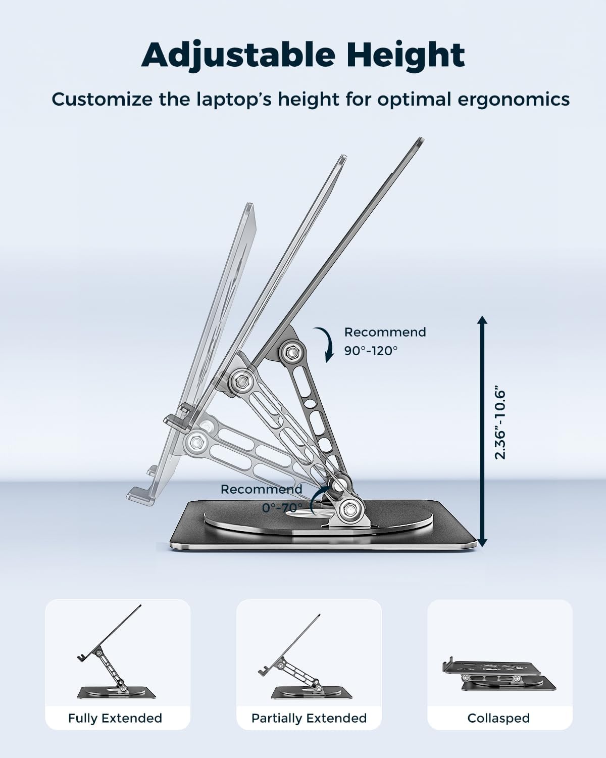 Adjustable Laptop Stand for Desk - Portable Laptop Riser with Rotating Base, Foldable Aluminum Computer Stand, Ergonomic Laptop Holder for MacBook Pro/Air Dell HP Lenovo Notebook up to 15.6", Black