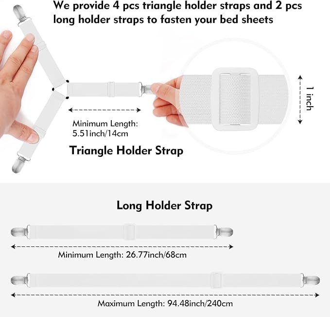 Bed Sheet Holder Straps, 4+2 Pcs Adjustable Mattress Sheet Clips, Bed Sheet Fasteners Elastic Sheet Suspenders to Keep Bed Sheet in Place for Different Beds (White)