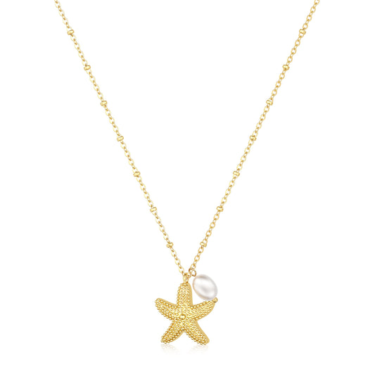 Picuzzy 14K Gold Plated Starfish Pendant Necklace for Women Trendy, Sea Star Fish Beach Necklace Ocean Coastal Tropical Nautical Vacation Summer Jewelry Pearl Accessories for Women