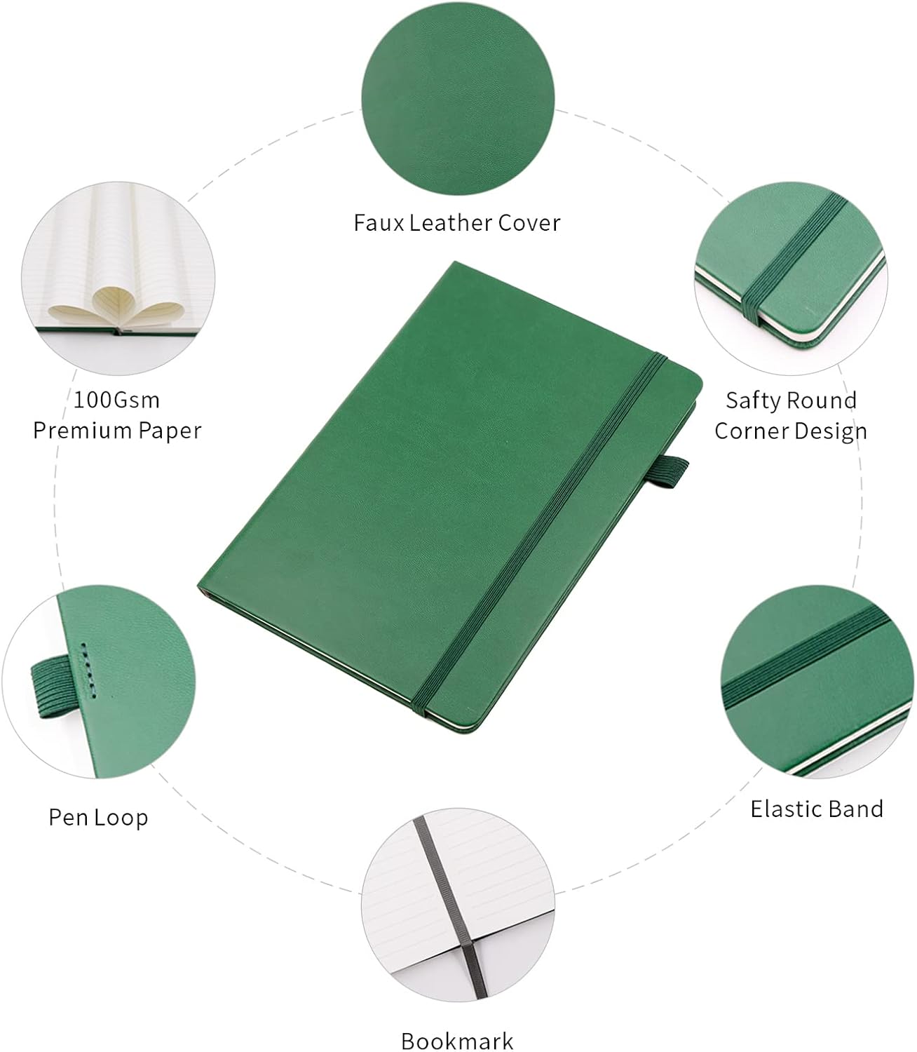 Deziliao Lined Journal Notebooks with Pen Loop, Hardcover Notebook Journal for Work, 100Gsm Premium Thick Paper with Inner Pocket, Medium 5.7"x8.4", （Dark-Green, Ruled）