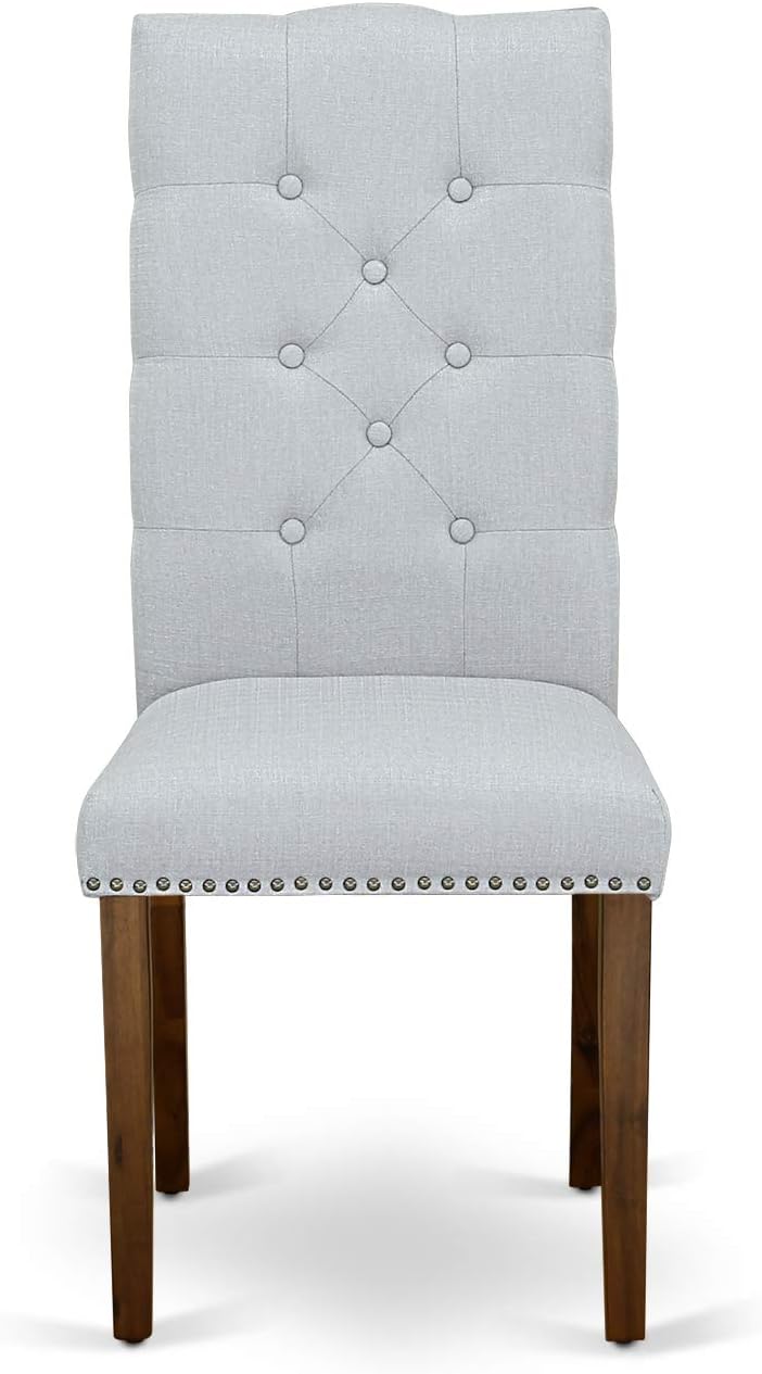 East West Furniture ELP8T05 Elsa Parson Dining Chairs - Button Tufted Nailhead Trim Grey Linen Fabric Upholstered Chairs, Set of 2, Walnut