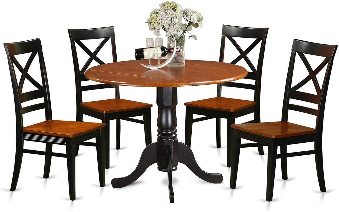 East West Furniture DLQU5-BCH-W 5 Piece Dining Room Furniture Set Includes a Round Kitchen Table with Dropleaf and 4 Dining Chairs, 42x42 Inch, Black & Cherry