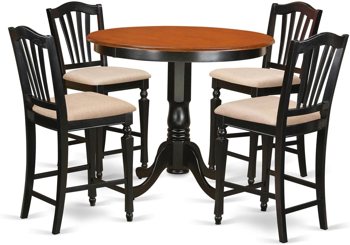 East West Furniture TRCH5-BLK-C 5 Piece Kitchen Counter Height Dining Table Set Includes a Round Pub Table and 4 Linen Fabric Upholstered Chairs, 42x42 Inch, Black & Cherry