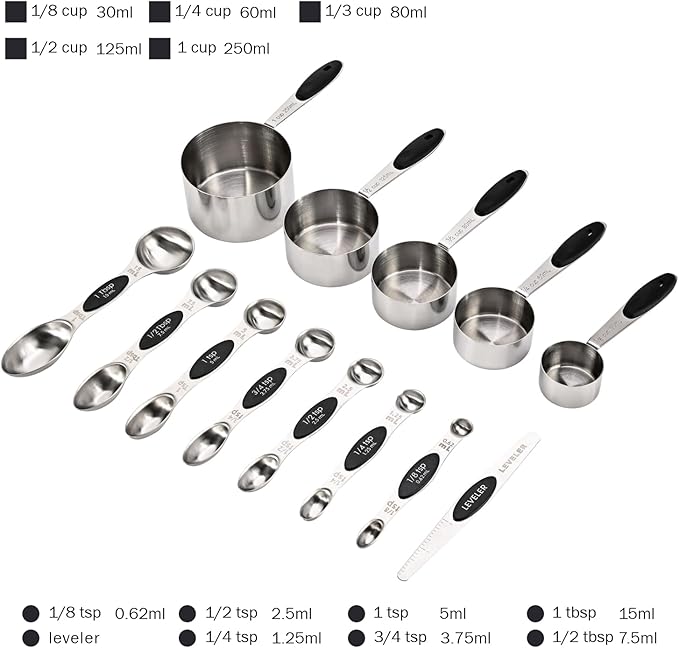 13-Piece Magnetic Measuring Spoons and Cups Set, Stainless Steel Kitchen Measure Tools with Silicone Handles, Nesting Dry and Liquid Measuring Cups for Baking Cooking (Black)