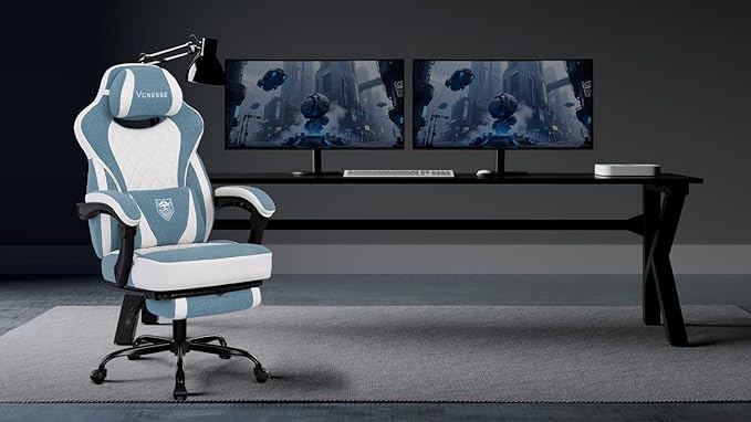Vonesse Gaming Chair, Computer Chair Fabric with Pocket Spring Cushion, Office Chair with Footrest and Massage Lumbar Support, Reclining Gaming Chairs for Adults 250LBS (Blue)