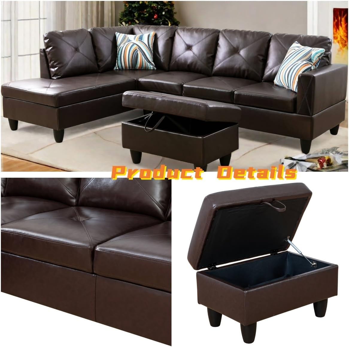L Shaped Sectional Couch with Otttoman, 97" Leather Sectional Sofa for Living Room Modular Couches with Cup Holders for Bedroom, Apartments, Brown