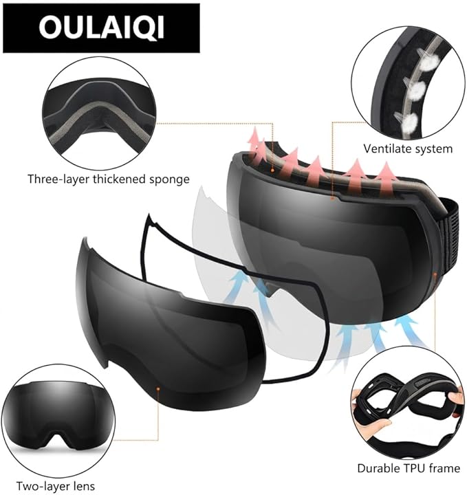 OULAIQI OTG Ski Goggles UV400 Anti-Fog Snowboard Glasses for Men Women Youth- Perfect for Skiing, Snowboarding,Winter Sports