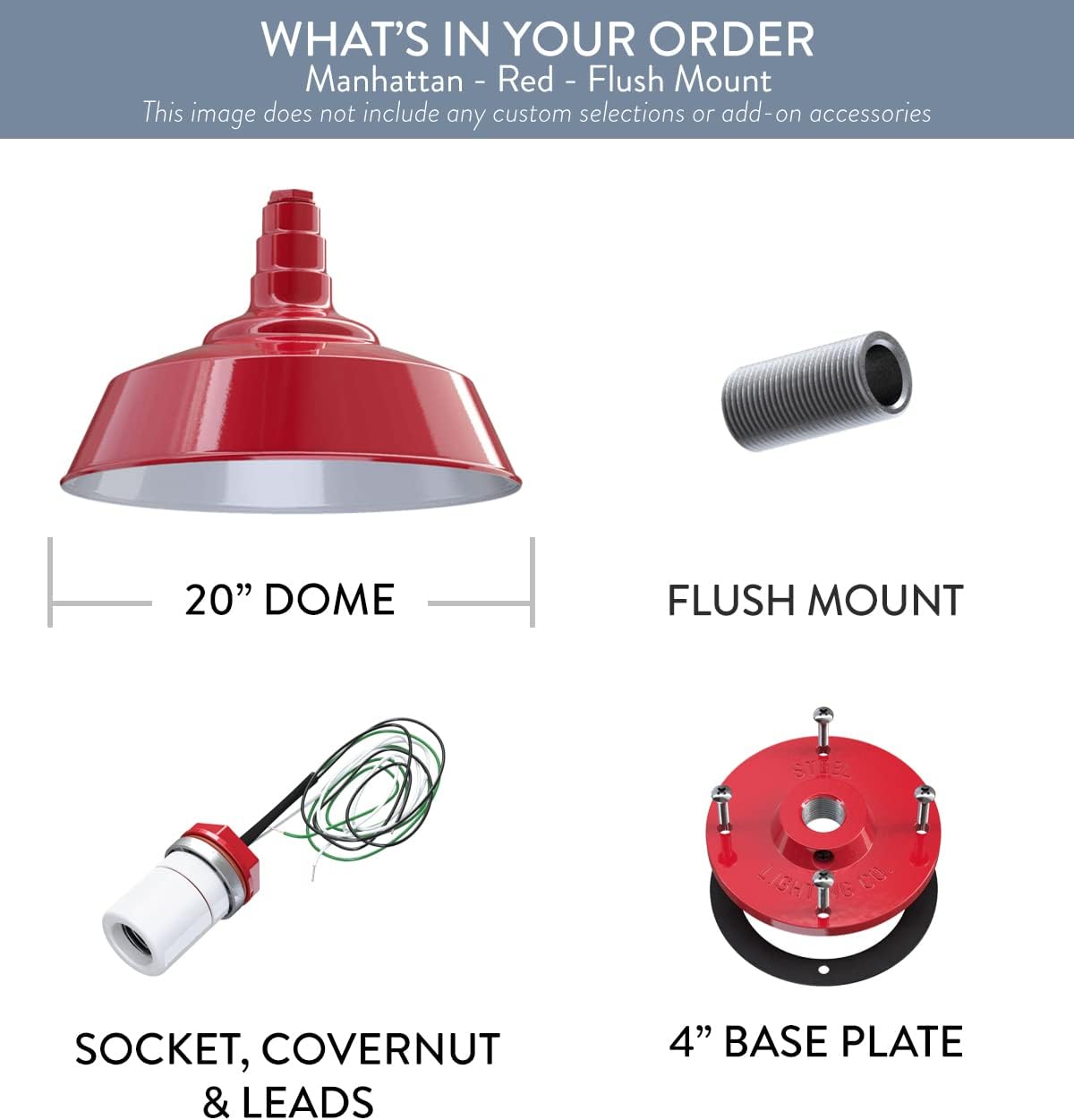 Steel Lighting Co. Manhattan Warehouse Light | Ceiling Mounted Pendant | 20 inch Dome | Flush Mount | Large Steel Barn Light Made in America | Red Exterior/White Interior