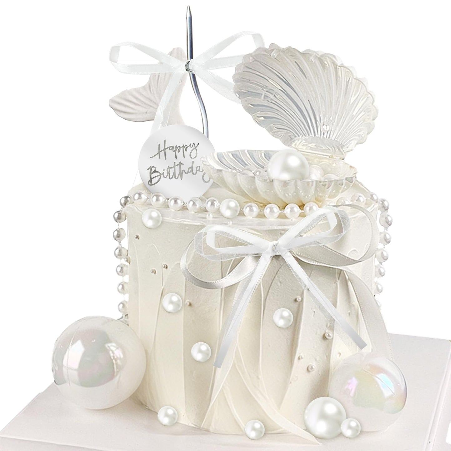 Knana 39Pcs Bow Cake Topper Shell Pearl Cake Decorations with Happy Birthday Cake Topper for Baby Shower Party Favors