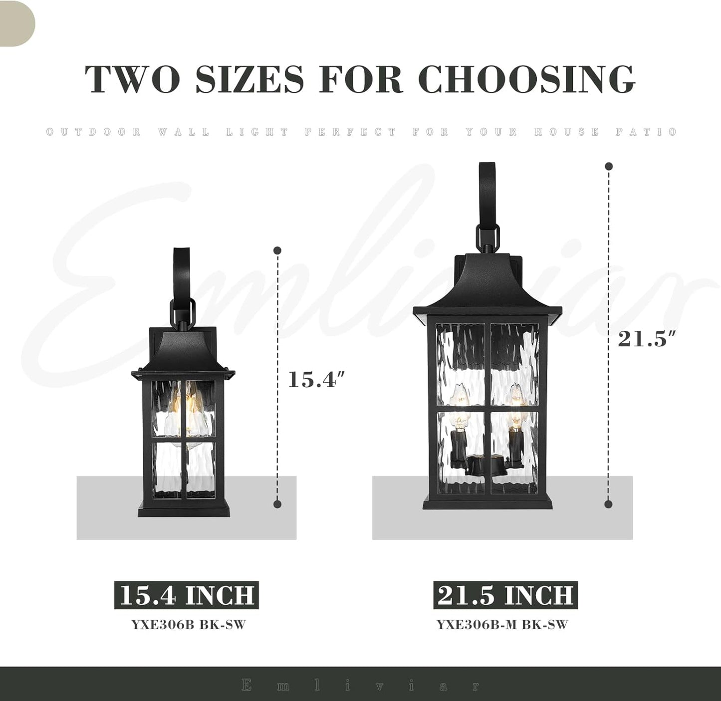 Emliviar Vintage Front Door Light Fixture Outside, Black 15.4 Inch Outdoor House Light Wall Mount with Water Ripple Glass for Yard, YXE306B BK-SW
