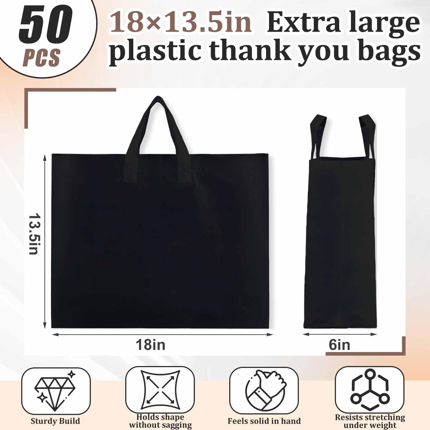 Klyyo Clyro 50 Pack 18 × 6 × 13.5 Inch Frosted Plastic Gift Bags with Handle Large Reusable Frosted Plastic Shopping Bags for Small Business, Boutiques, Retail, Wedding Party Favors (Black)