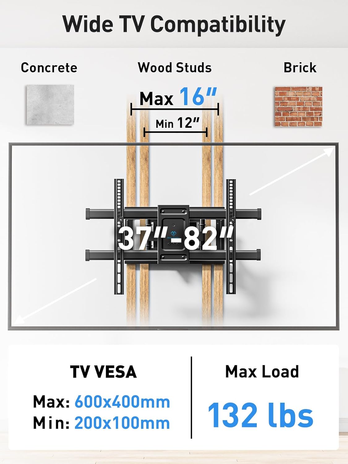 PERLESMITH Full Motion TV Wall Mount for Most 37-82 inch TVs up to 132 lbs, TV Mount with Dual Articulating Arms with Tilt and Extension, Fits 12" 16" Studs, Max VESA 600x400mm, PSLFK1