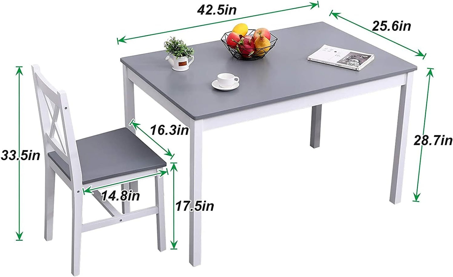 soges Dining Table Set for 4, 42.5 inch Pine Wood Dining Room Table with 4 Chairs, 5-Piece Kitchen Table Chairs Set for Small Space, Apartment, Dinette, Breakfast, White and Grey