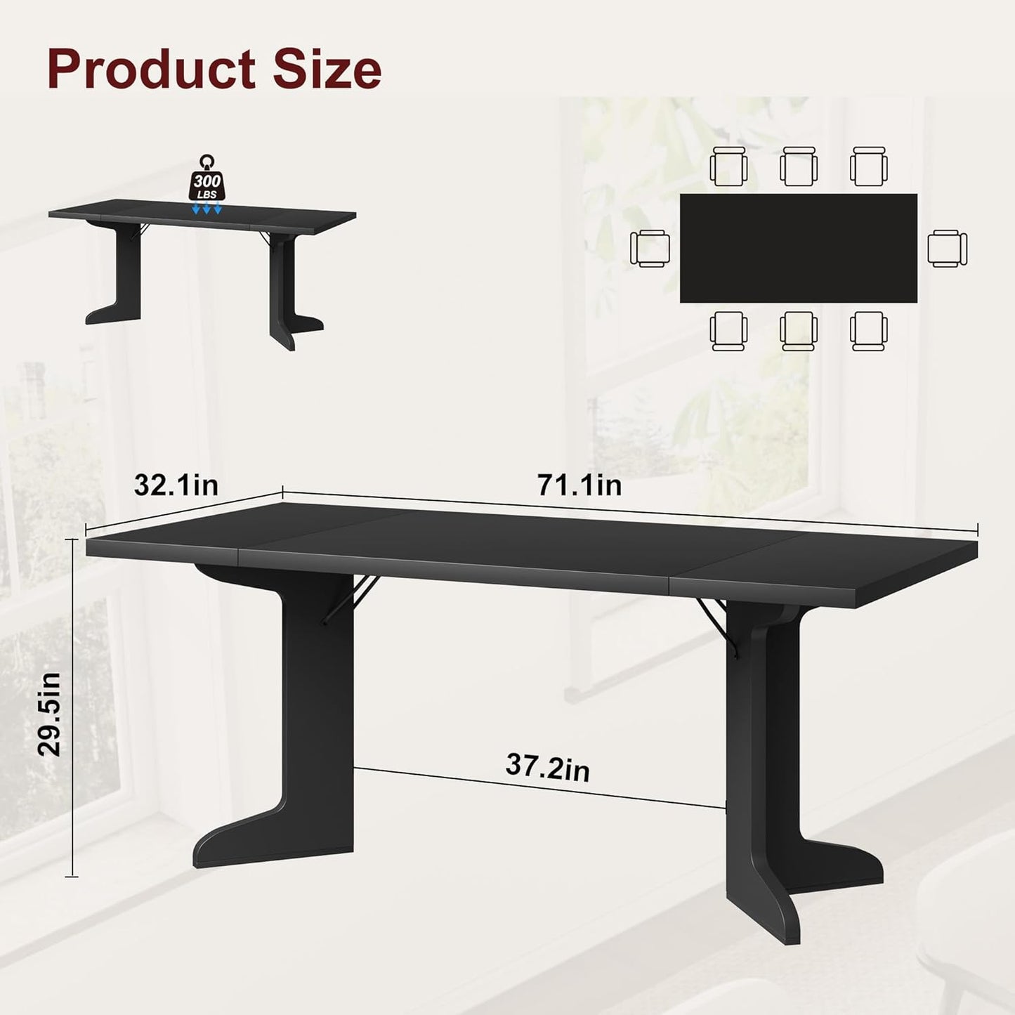 71" Large Dining Table for 6, Farmhouse Kitchen Table with Padded Top and Unique V-Shaped Feet, Rectangular Wooden Dining Table for 8 People for Home, Dining Room, Kitchen, Office, Black