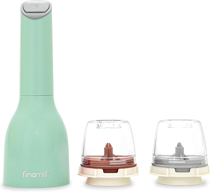 FinaMill Classic Battery Spice Mill – Battery Operated Salt and Pepper Grinder Set, Includes 2 Interchangeable Spice Pods, Adjustable Coarseness, Ceramic Grinder, LED Light, Kitchen Gifts for Women