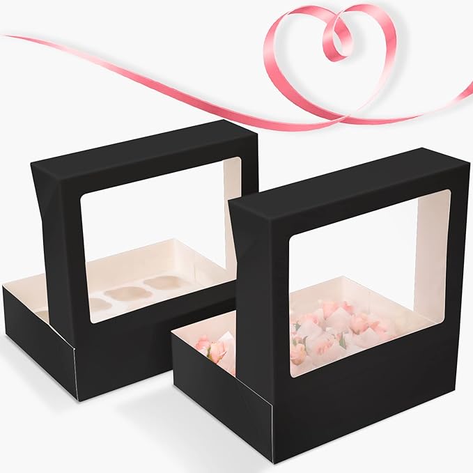 Bakepacker 12 Cupcake Containers 10-Packs Black Cupcake Box Cupcakes Carrier, 12 Cupcake Boxes with Window 13"x10"x3.5"（Auto-pop up）