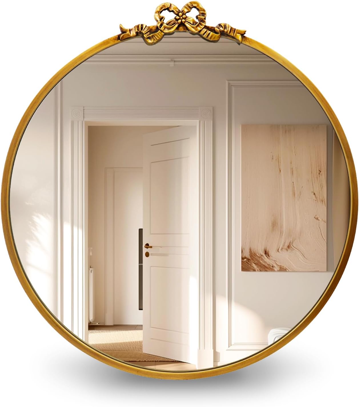 Vintage Gold Round Mirror Decorative Bathroom Vanity Mirrors 27.5inch Antique Metal Ornate Circle Wall Mirror, Baroque Bow Decor for Home Dressing Table,Bedroom,Living Room,Hallway