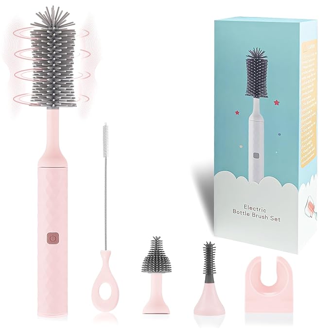 Electric Baby Bottle Cleaner Kit with Rechargeable Electric Bottle Brush Cleaner, 3 Piece Silicone Bottle Brush and Straw Brush, Multipurpose Automatic Bottle Cleaner, Pink