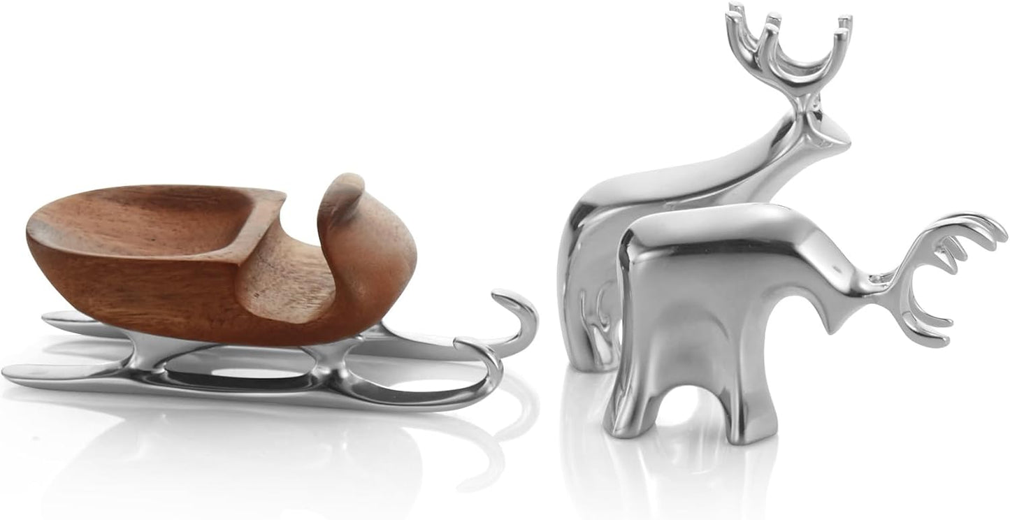 Nambe Miniature Reindeer and Sleigh Set – Holiday Collectible Figurines, Christmas Tabletop Décor for Festive Seasonal Displays, Joyful Winter Centerpiece, Alloy Sculptures for Mantel, Shelf or Table