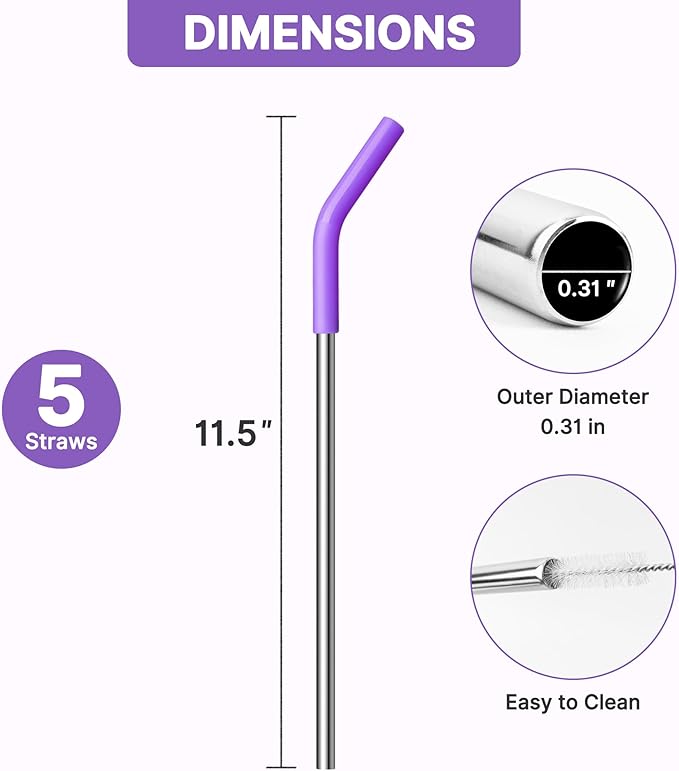 Metal Straws Reusable for 30 oz YETI Tumbler Mug, 9.5”Stainless Steel Reusable Drinking Straw with Silicone Tips for 30/32 oz Tumbler,1 Portable Bag
