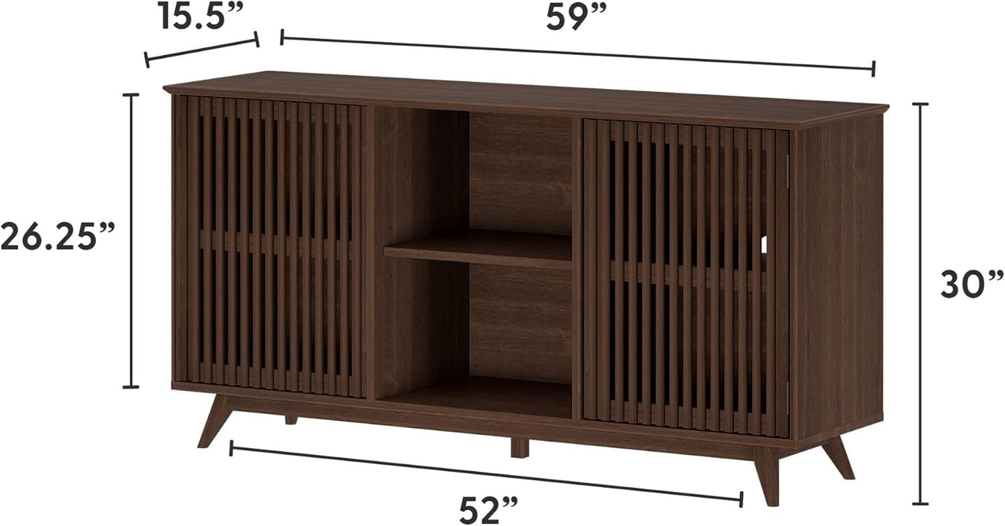 Plank+Beam Mid-Century Modern Wood TV Stand, Solid Wood Entertainment Console with Storage, 59" L x 16" W x 30" H, Walnut