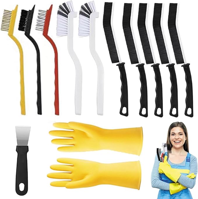 Crevice Cleaning Brush，12Pcs Multifunctional Hard Bristle Cleaning Tool with Rubber Gloves for Kitchen, Bathroom,Corner, Grout, Sink,Toilet, Window Track, Bathtub, Vehicle, Faucets