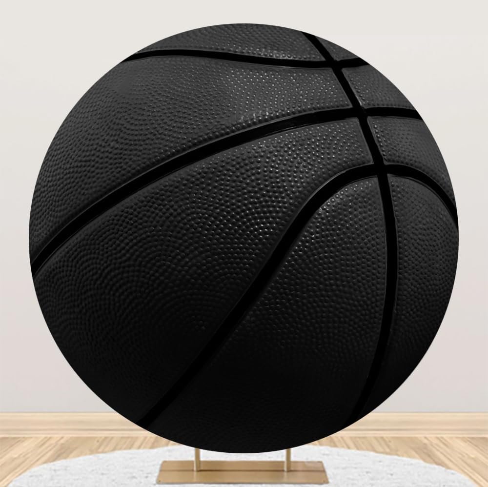 Leyiyi 5x5ft Basketball Round Backdrop Cover Black Basketball Round Backdrop Basketball Match Sports Theme Circle Photography Background for Boys Baby Shower Newborn Gender Reveal Party Decor