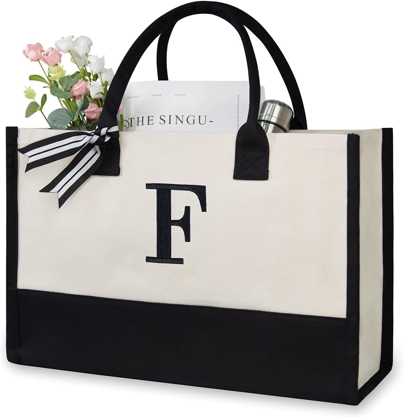 TOPDesign Embroidery Initial Canvas Tote Bag, Personalized Present Bag, Suitable for Wedding, Birthday, Beach, Holiday, is a Great Gift for Women, Mom, Teachers, Friends, Bridesmaids (Letter F)