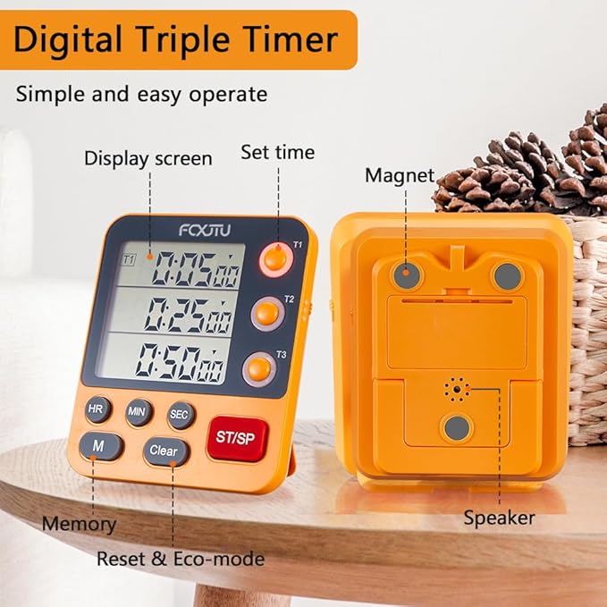 FCXJTU Digital Dual Triple Kitchen Timer, 3 Channels Magnetic Countdown Stopwatch Timer for Cooking, Loud Volume Large Display Multi Food Classroom Timer for Seniors & Teachers Battery Included (Blue)