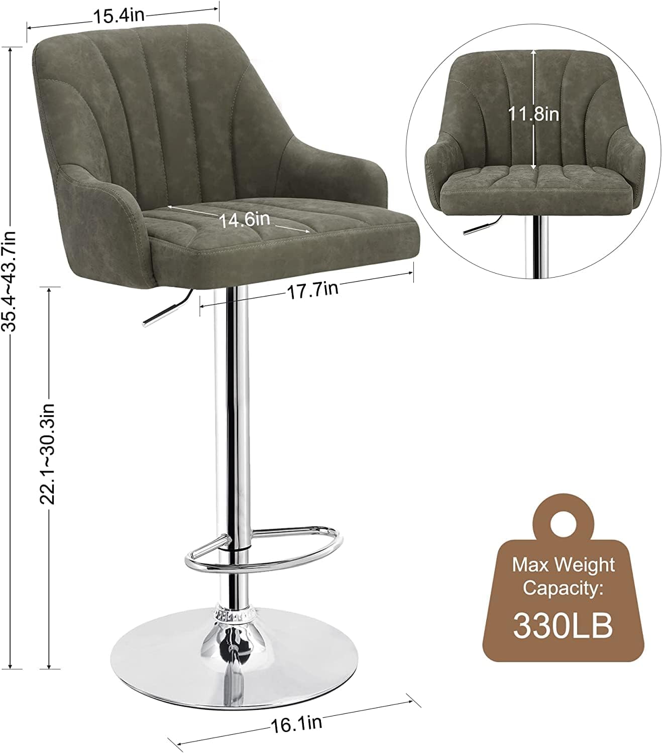 VECELO Adjustable Barstools Set of 4, Counter Bar Stools with Back and Arm, Kitchen Island Stools Swivel Bar Chairs for Pub Dinning Room, Dark Gray