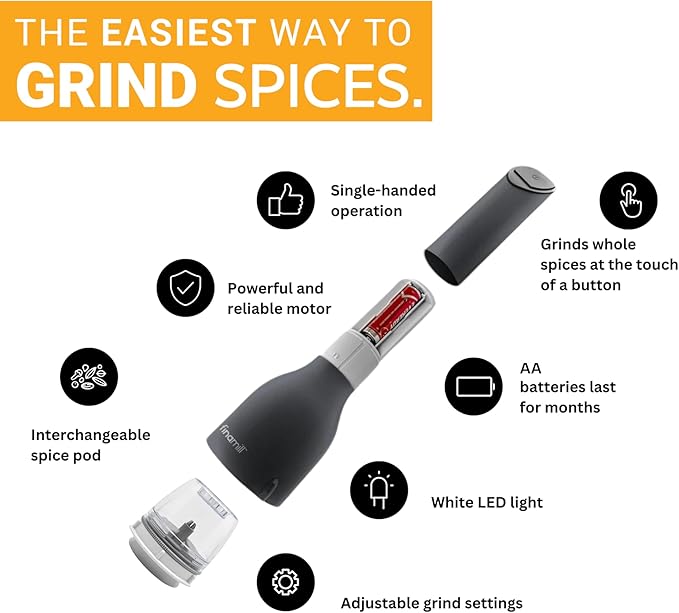 FinaMill’s Award-Winning Battery Operated Salt and Pepper Grinder Set – Adjustable Coarseness, Ceramic Grinding Elements, LED Light, 2 Quick-Change Pods – Perfect for Home Cooking and Gifting