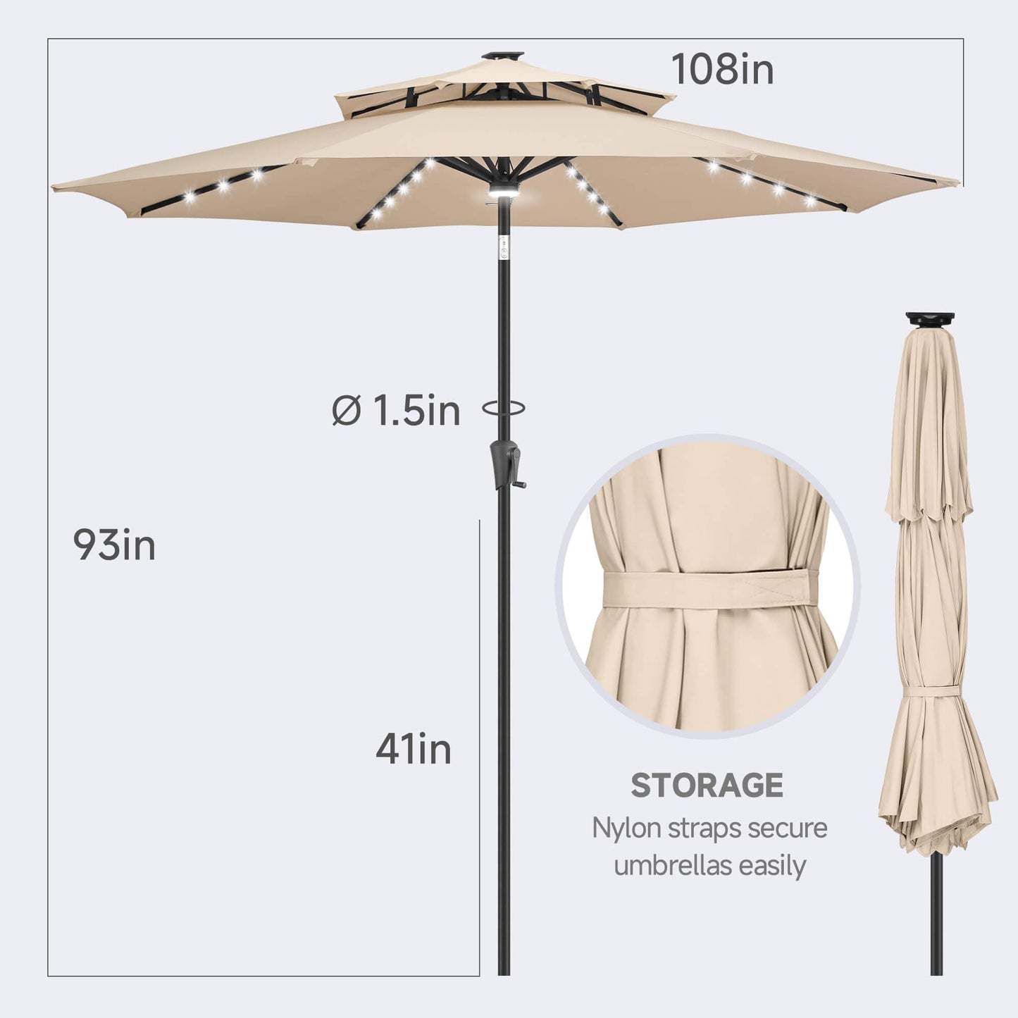 FLAME&SHADE 2 Tiers 9ft Solar Light Patio Umbrella, 40 LED lights outdoor umbrella with Centre Surround Light, Table Market Umbrella for Deck, Pool, Porch, Backyard, Garden (Beige)