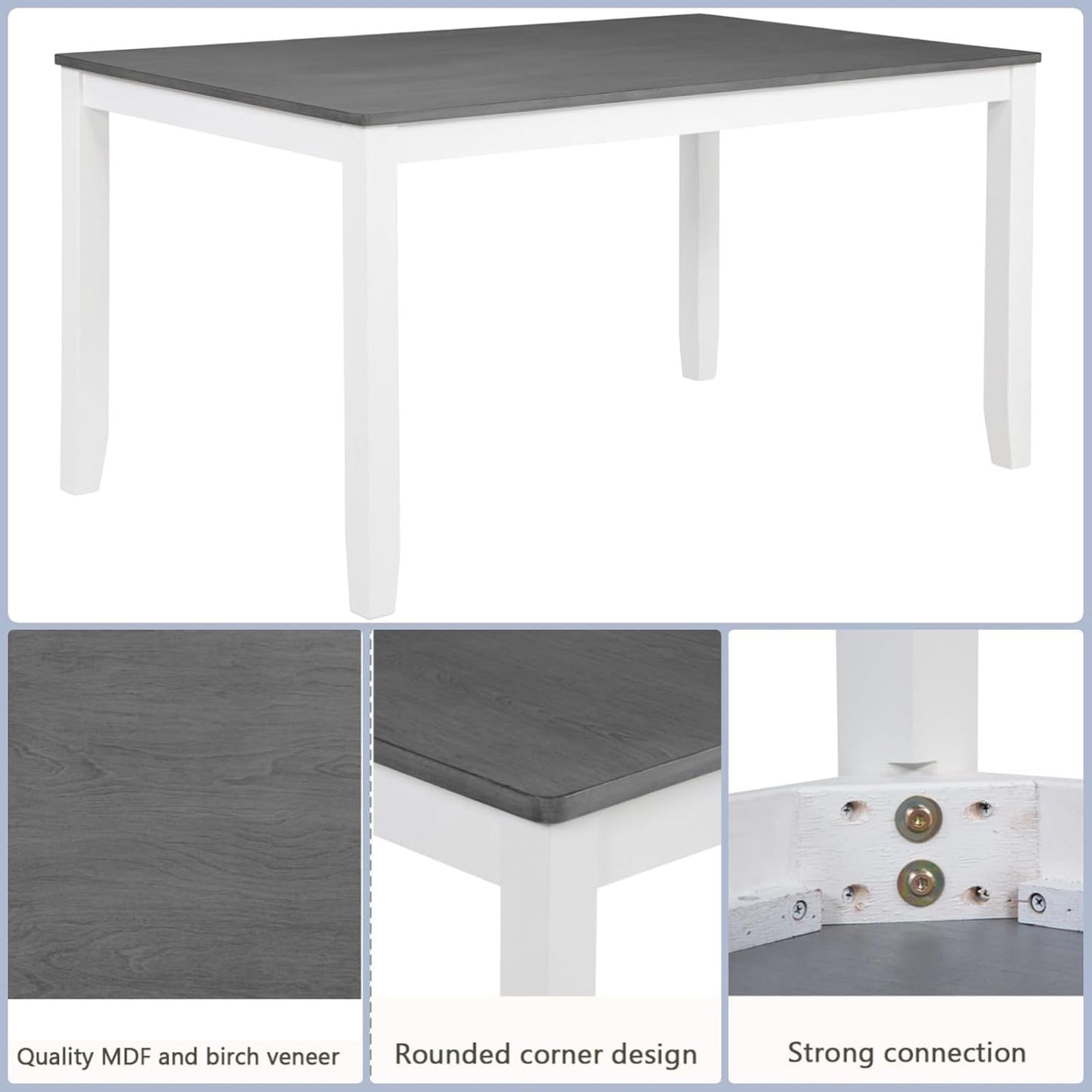 Dining Table Set for 5, 6-Piece Kitchen Table & Chairs Set with Rectangular Table, Bench & 4 Upholstered Chairs, 58.5'' Dinner Set with Wood Legs & X-Shaped Backrest for Kitchen, White&Gray