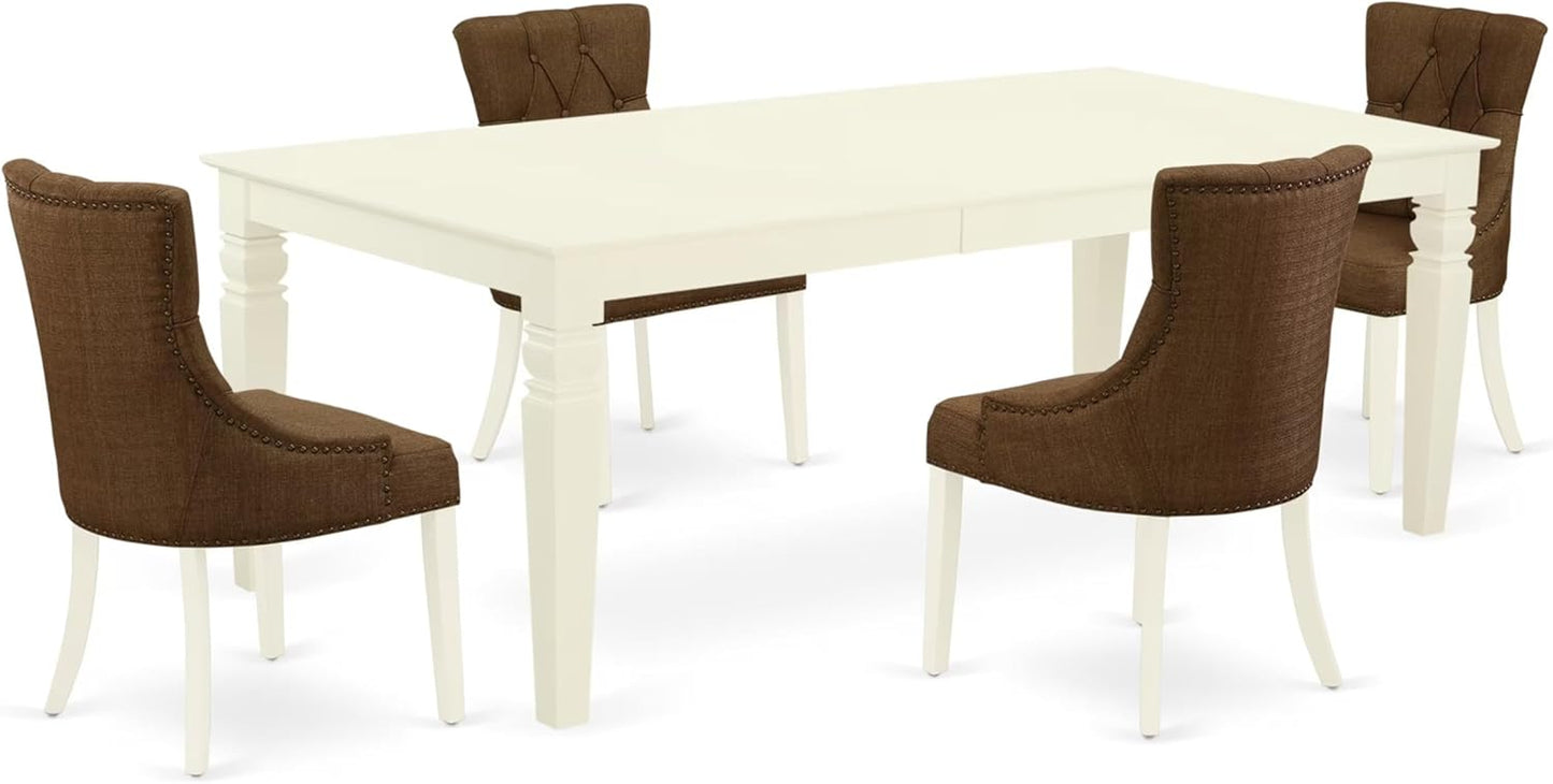 East West Furniture LGFR5-LWH-18 5 Piece Dining Table Set Includes a Rectangle Kitchen Table with Butterfly Leaf and 4 Brown Linen Linen Fabric Upholstered Chairs, 42x84 Inch, Linen White