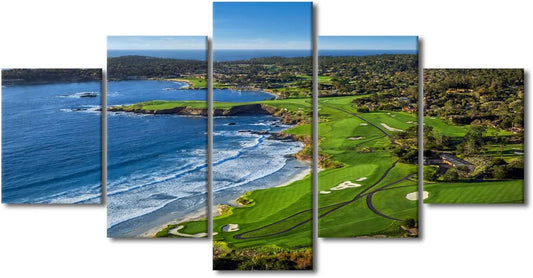 Pebble Beach Golf Course Canvas Print Pictures Framed Modern Modern Paintings on Canvas Posters and Prints Wall Art for Living Room Bedroom Home Decor Gallery-wrapped Art 5 Pieces Set (60" W x 32" H)