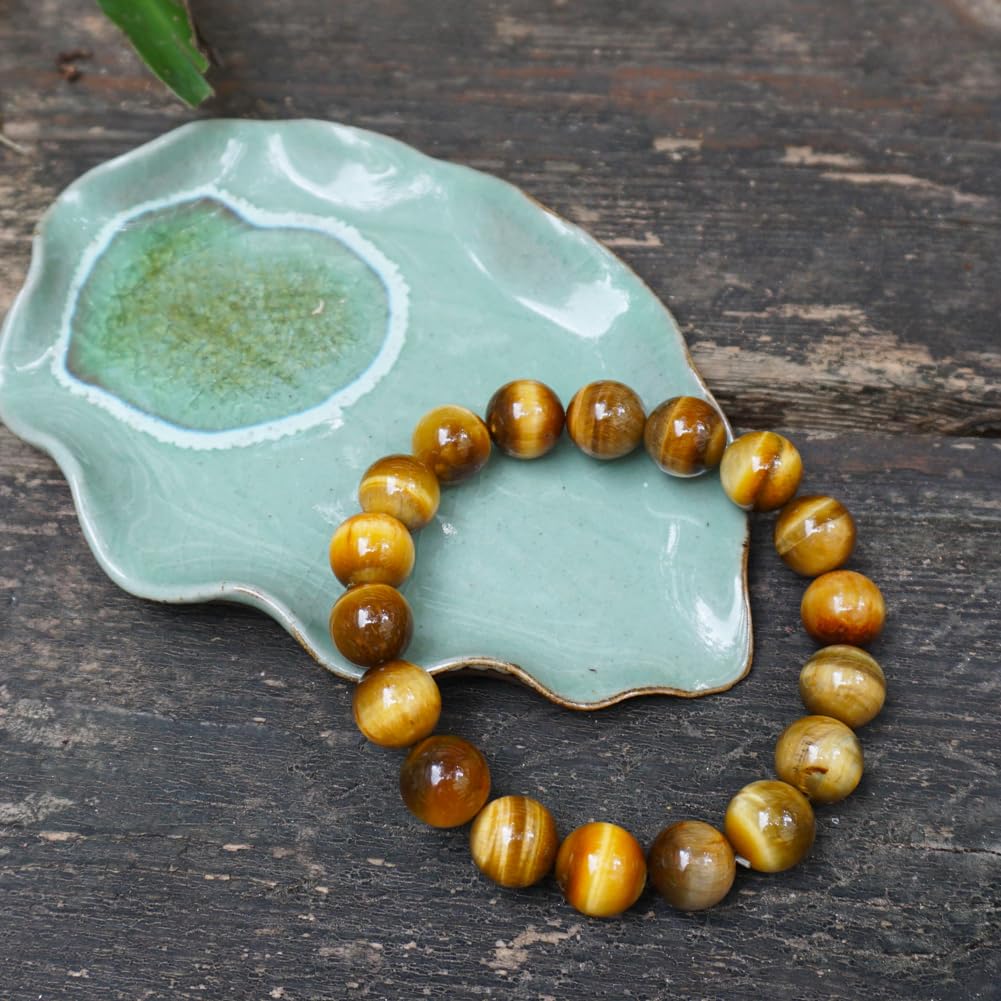 TaHLga Golden Tigers Eye Crystal Bracelet for Men Women 12mm |Natural Solar Plexus Chakra Stone | Bring Wealth & Protection | Fits for Large Wrist 8-8.5" | Come with Box & Pouch