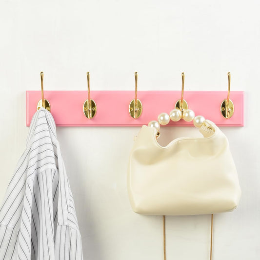 JYL HOME Wall Mount Bamboo Coat Rack, 17 Inch 5 Double Hooks, Pink and Gold