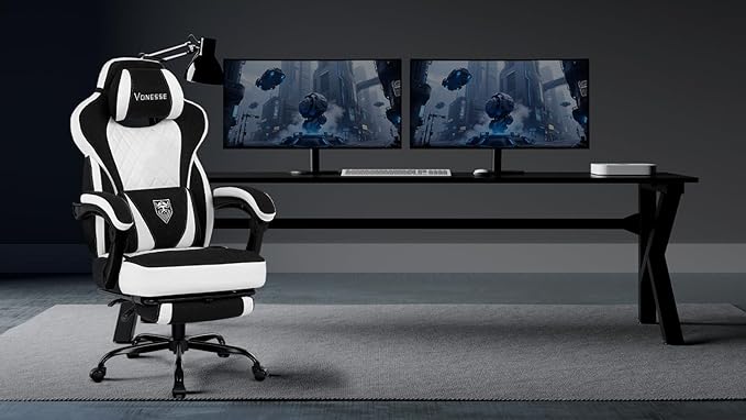 Vonesse Gaming Chair, Reclining Fabric Gaming Chairs for Adults 250LBS, Office Chair with Pocket Spring Cushion, Computer Chair with Footrest and Massage Lumbar Support (White/Black)