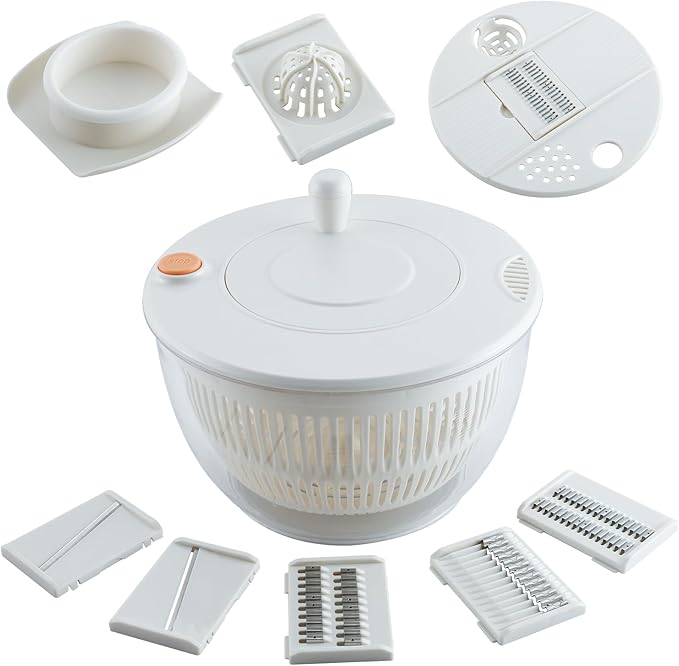 5.3QT Large Lettuce & Fruit Spinner Washing Bowl - Spin Dry Greens, Vegetables & Salad | Multitasking Kitchen Tool with Slicer, Grater & Lemon Juicer