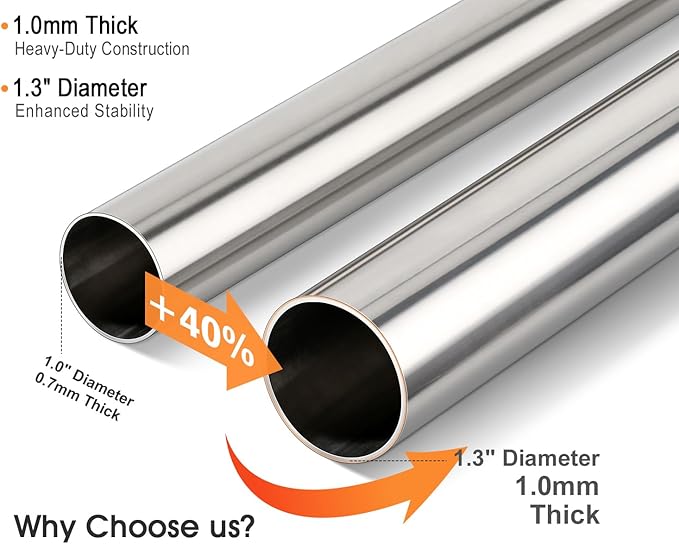 FIRJOY Premium Stainless Steel Closet Rod 1.0mm/1.3", Heavy Duty Adjustable Hanging Bar for Clothes Organization, No-Splice 1-Piece Telescoping Design (Silver, 16.9" - 26.9")