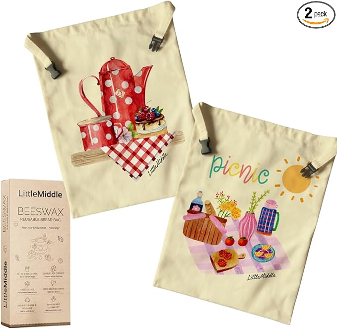 2 XL Beeswax Bread Bags for Homemade Bread, Sourdough – Reusable, Plastic-Free, Keeps Fresh, Washable, Compostable (Beige with Picnic)