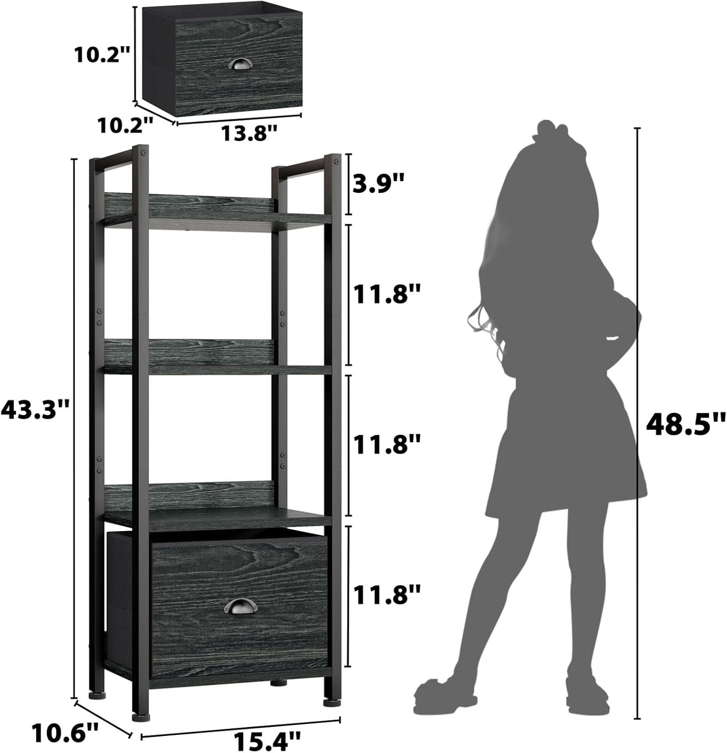 Furologee 4 Tier Bookshelf with Drawer, Small Narrow Bookcase, Wood and Metal Standing Shelf Unit, Industrial Display Storage Shelves Organizer for Bedroom, Living Room, Entryway, Black